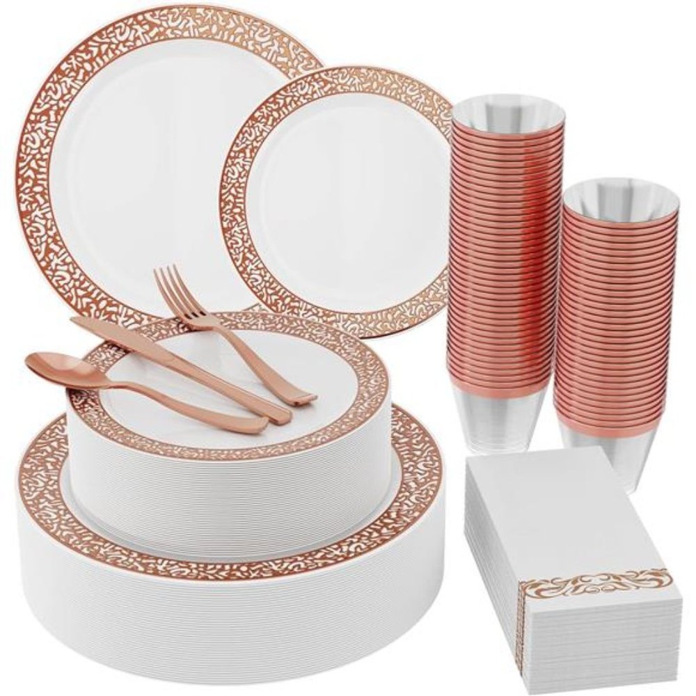 210 Count Rose Gold Plastic Dinnerware Disposable Plates 30 Dinner Plates